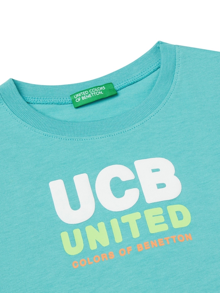 Benetton Boys Logo Blue 100% Cotton T-Shirt - Image 3 of 3