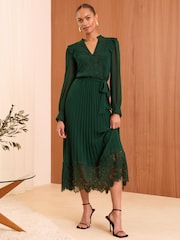 Love & Roses Green Pleated Long Sleeve Lace Detail Midi Dress - Image 1 of 4