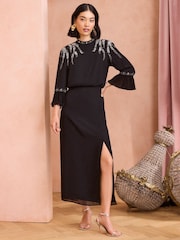 Love & Roses Black Embellished Flute Sleeve Midi Dress - Image 1 of 4