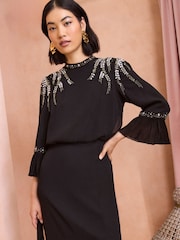 Love & Roses Black Embellished Flute Sleeve Midi Dress - Image 3 of 4