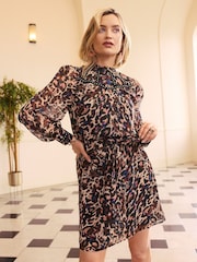 Love & Roses Natural Leopard Print Stud Trim Belted Mini Dress - Image 1 of 4