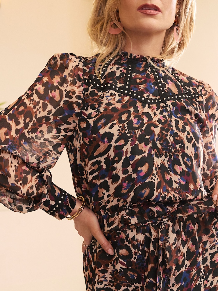 Love & Roses Natural Leopard Print Stud Trim Belted Mini Dress - Image 2 of 4