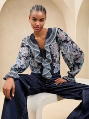 Lipsy Blue Ruffle Front Ruffle Cuff Printed Blouse - Image 1 of 4