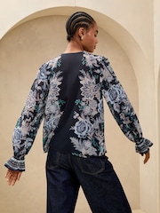 Lipsy Blue Ruffle Front Ruffle Cuff Printed Blouse - Image 2 of 4