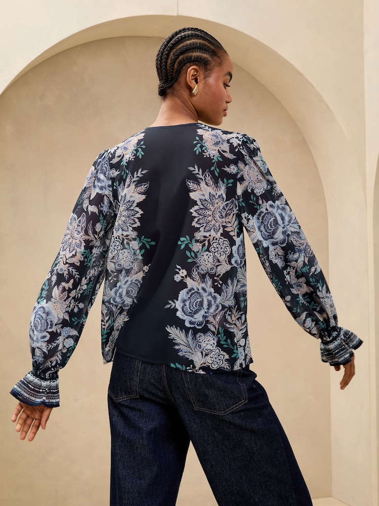 Lipsy Blue Ruffle Front Ruffle Cuff Printed Blouse - Image 2 of 4