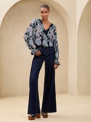 Lipsy Blue Ruffle Front Ruffle Cuff Printed Blouse - Image 3 of 4