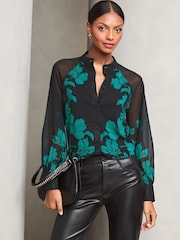 Lipsy Black Floral Long Sleeve Grandad Collar Blouse - Image 1 of 4