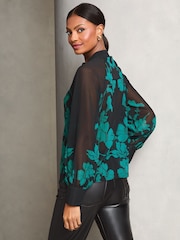 Lipsy Black Floral Long Sleeve Grandad Collar Blouse - Image 2 of 4