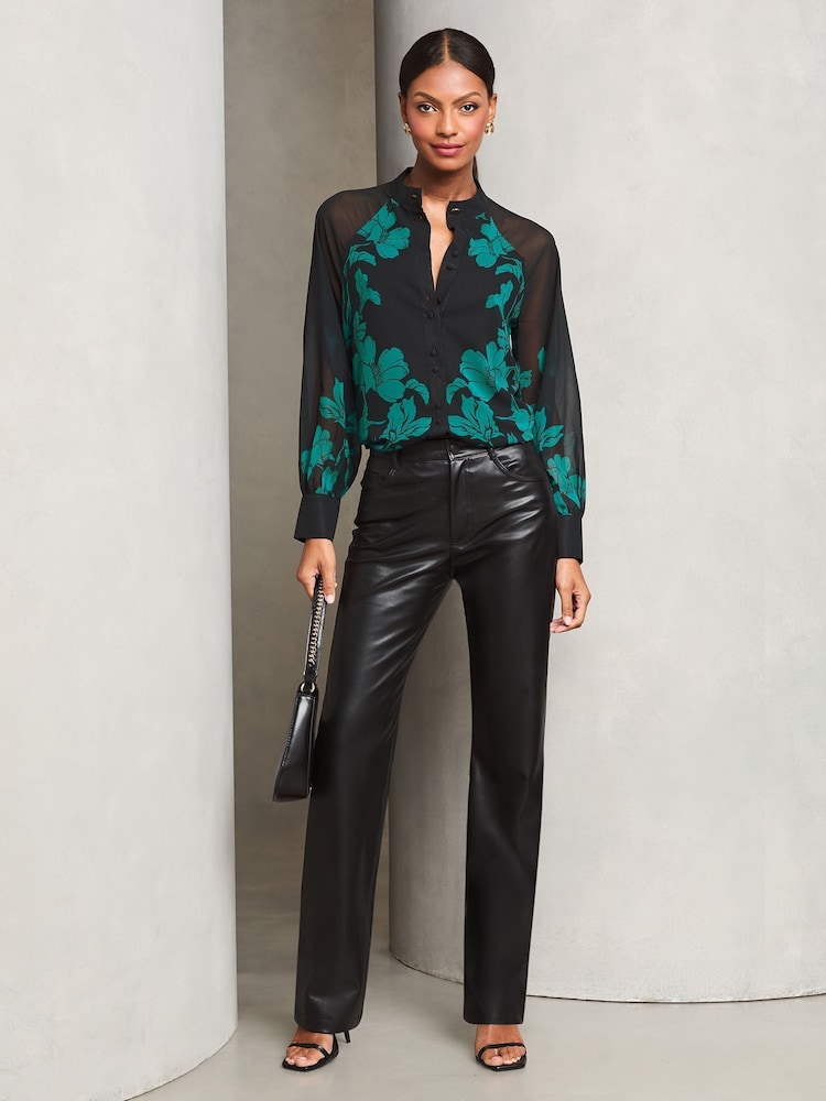 Lipsy Black Floral Long Sleeve Grandad Collar Blouse - Image 3 of 4