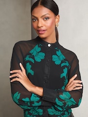 Lipsy Black Floral Long Sleeve Grandad Collar Blouse - Image 4 of 4