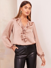 Friends Like These Pink Long Sleeve Ruffle Front Crushed Satin Blouse - Image 5 of 8