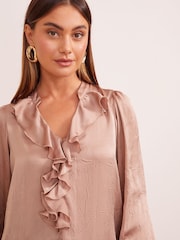 Friends Like These Pink Long Sleeve Ruffle Front Crushed Satin Blouse - Image 7 of 8