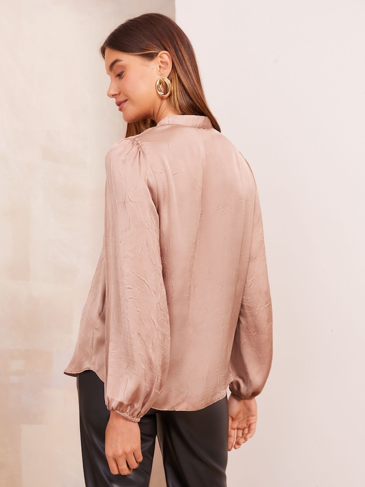 Friends Like These Pink Long Sleeve Ruffle Front Crushed Satin Blouse - Image 8 of 8
