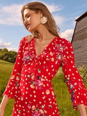 Love & Roses Red Printed Flute Sleeve Midi Dress - Image 2 of 4