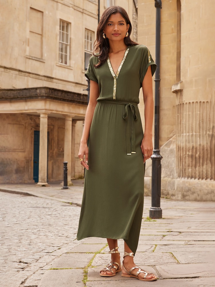 Love & Roses Sequin Trim Hanky Hem Short Sleeve Midi Dress - Image 1 of 4 Love & Roses Sequin Trim Hanky Hem Short Sleeve Midi Dress - Image 1 of 4