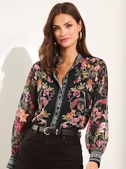 Lipsy Black 1 Long Sleeve Grandad Collar Blouse - Image 1 of 4