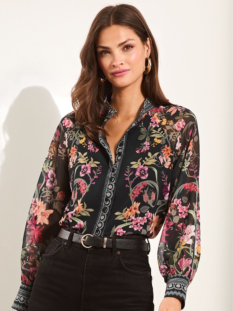 Lipsy Black 1 Long Sleeve Grandad Collar Blouse - Image 1 of 4