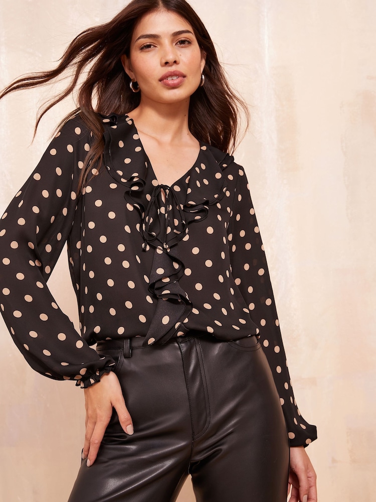 Friends Like These Black Ruffle Detail Long Sleeve Blouse - Image 1 of 4