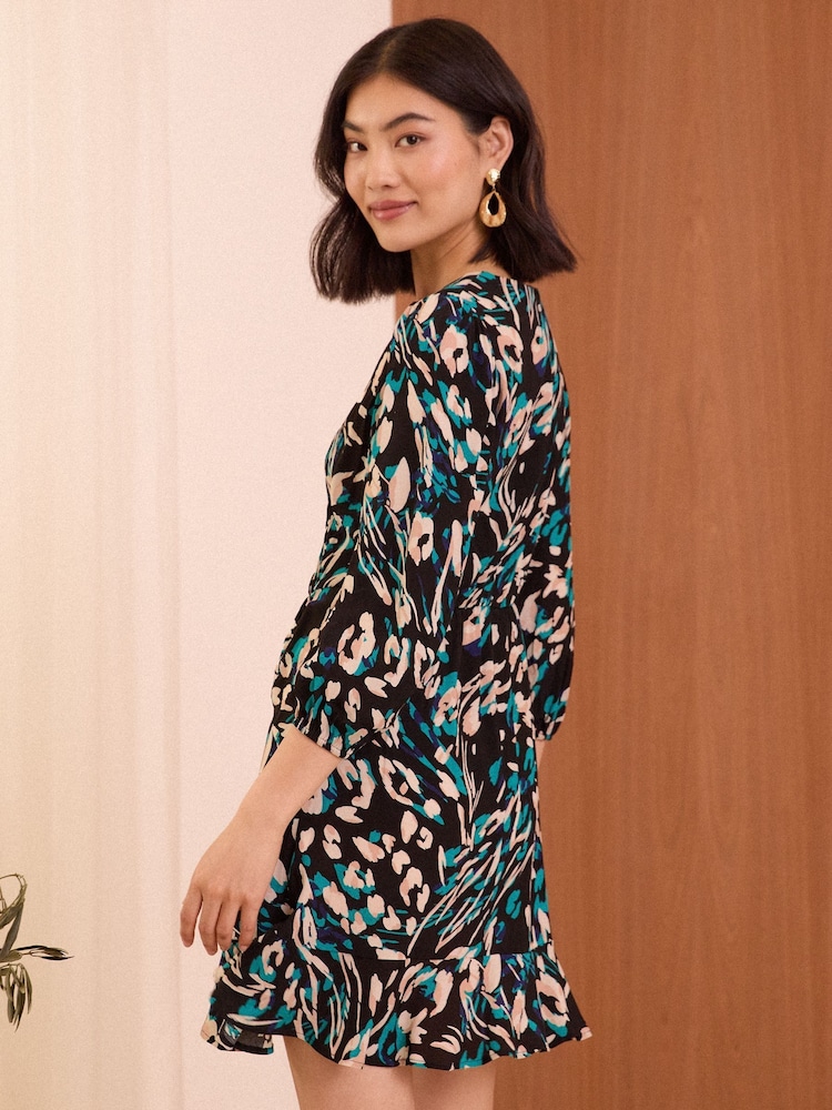 Love & Roses Black Tie Wrap 3/4 Sleeve Mini Dress - Image 2 of 4