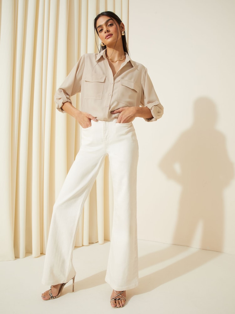 Friends Like These Neutral Long Sleeve Utility Style Button Through Shirt - Image 3 of 4