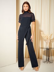 Friends Like These Blue High Neck Short Sleeve Sequin Trim Jumpsuit - Image 1 of 4
