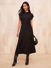 Friends Like These Black Button Shoulder Rib Midi Dress With Tie Belt Detailing - Image 1 of 4
