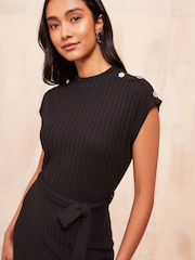 Friends Like These Black Button Shoulder Rib Midi Dress With Tie Belt Detailing - Image 2 of 4