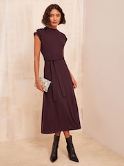 Friends Like These Red Button Shoulder Rib Midi Dress With Tie Belt Detailing - Image 1 of 4