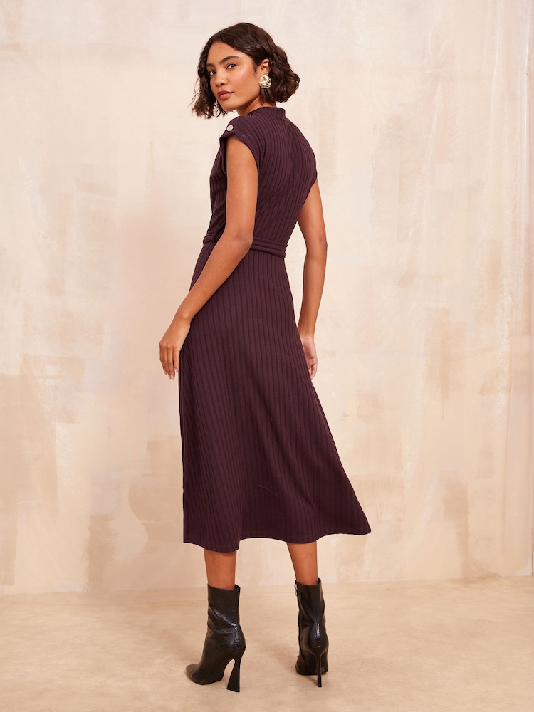 Friends Like These Red Button Shoulder Rib Midi Dress With Tie Belt Detailing - Image 4 of 4