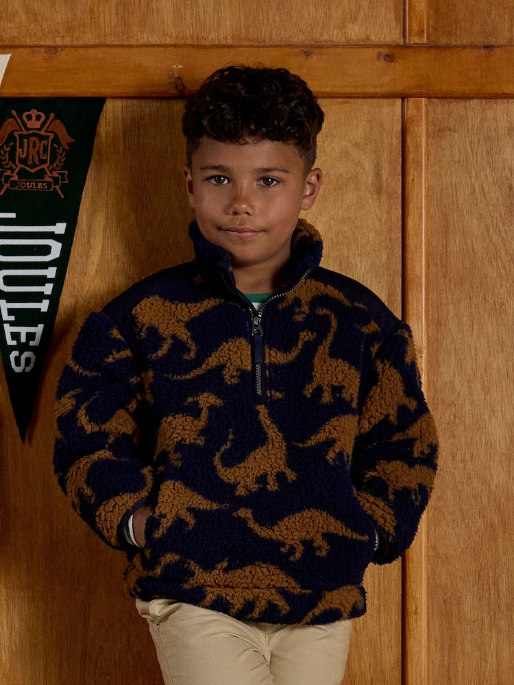 Joules Boys' Billy Navy Dino Print Quarter Zip Fleece - Image 1 of 7 Joules Boys' Billy Navy Dino Print Quarter Zip Fleece - Image 1 of 7