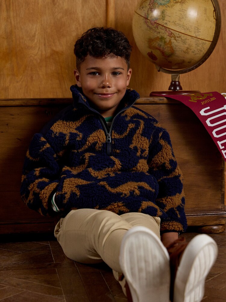 Joules Boys' Billy Navy Dino Print Quarter Zip Fleece - Image 2 of 7 Joules Boys' Billy Navy Dino Print Quarter Zip Fleece - Image 2 of 7