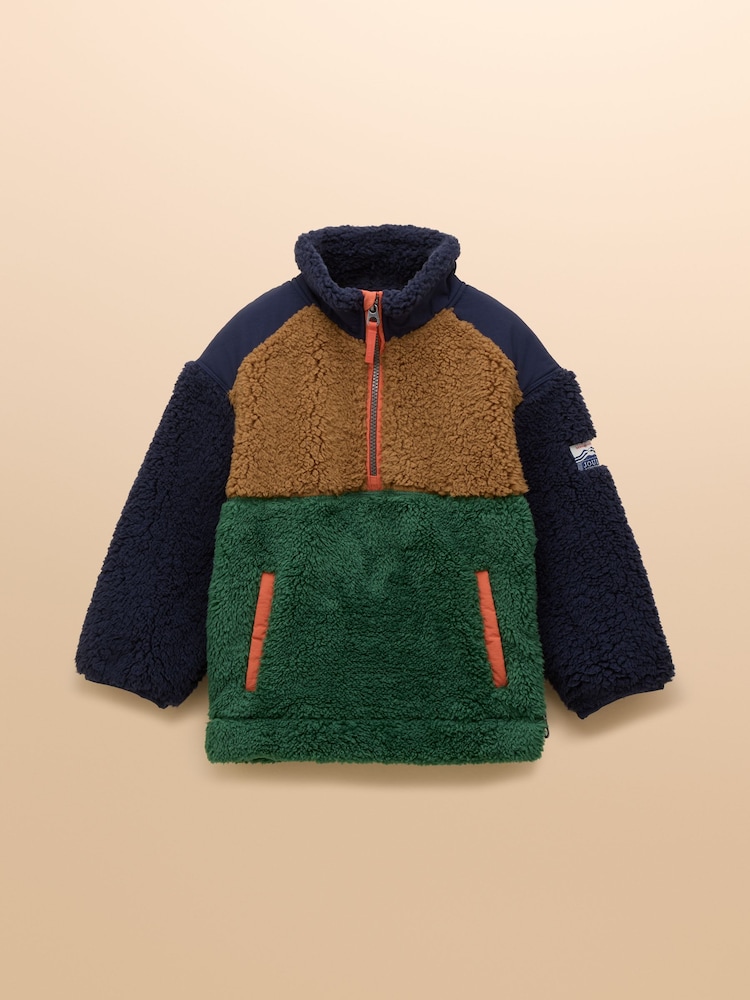Joules Boys' Billy Green and Tan Colourblock Quarter Zip Fleece - Image 1 of 4 Joules Boys' Billy Green and Tan Colourblock Quarter Zip Fleece - Image 1 of 4