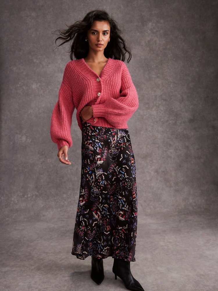 Mint Velvet Black Abstract Print Satin Midi Skirt - Image 2 of 7
