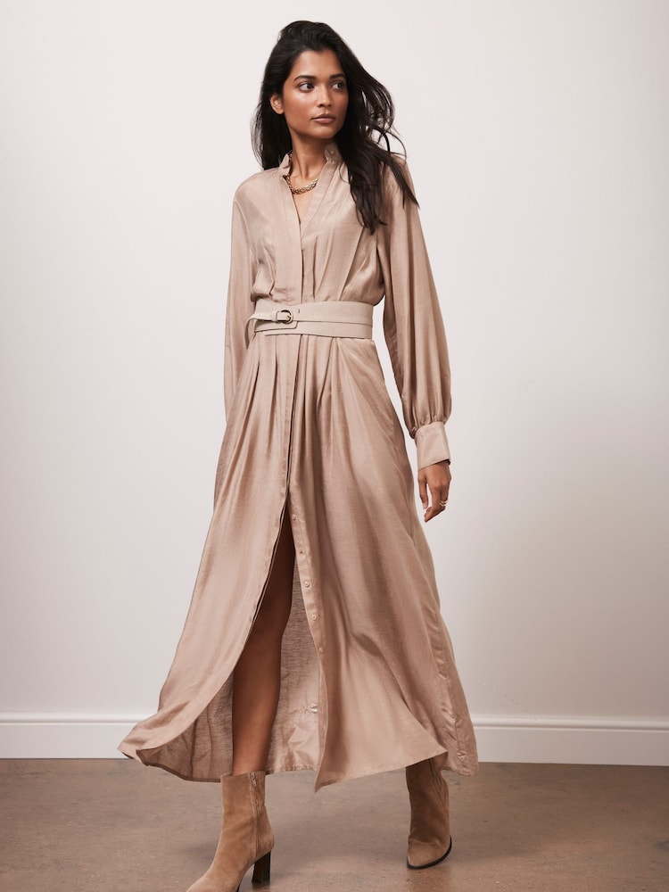 Mint Velvet Cream Pleated Maxi Shirt Dress - Image 1 of 7