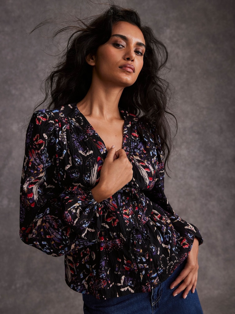 Mint Velvet Black Abstract Print Tie Detail Top - Image 1 of 7