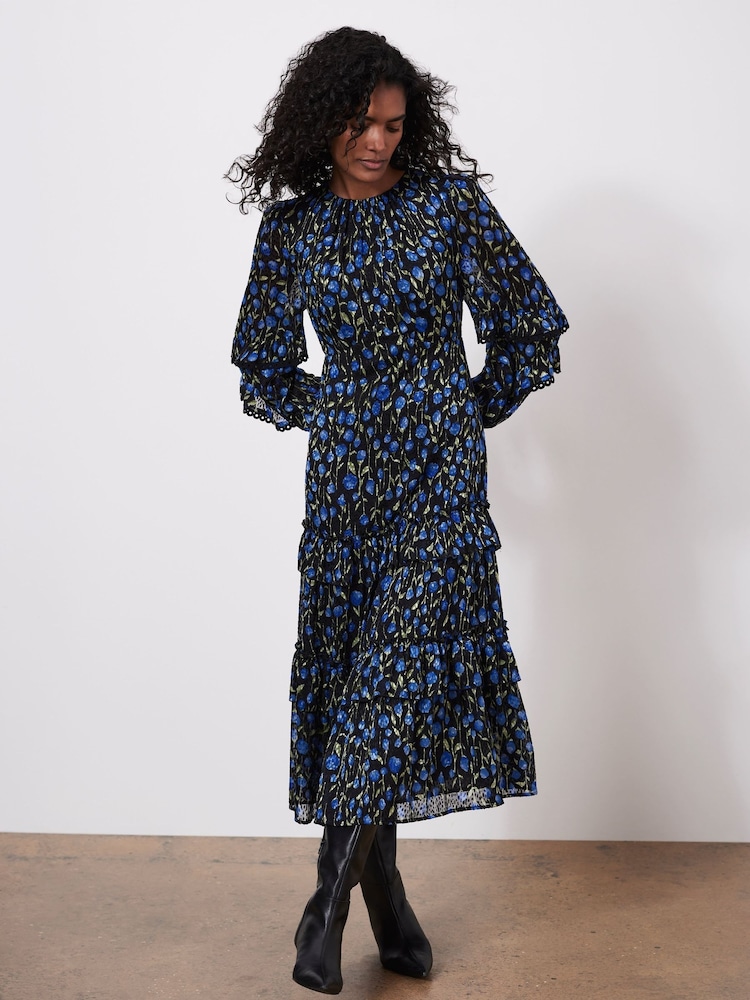 Mint Velvet Blue Floral Print Ruched Midi Dress - Image 2 of 7 Mint Velvet Blue Floral Print Ruched Midi Dress - Image 2 of 7