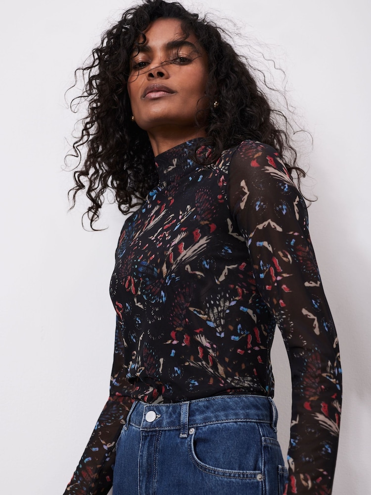 Mint Velvet Black Floral Print Mesh Top - Image 1 of 7 Mint Velvet Black Floral Print Mesh Top - Image 1 of 7