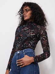 Mint Velvet Black Floral Print Mesh Top - Image 2 of 7