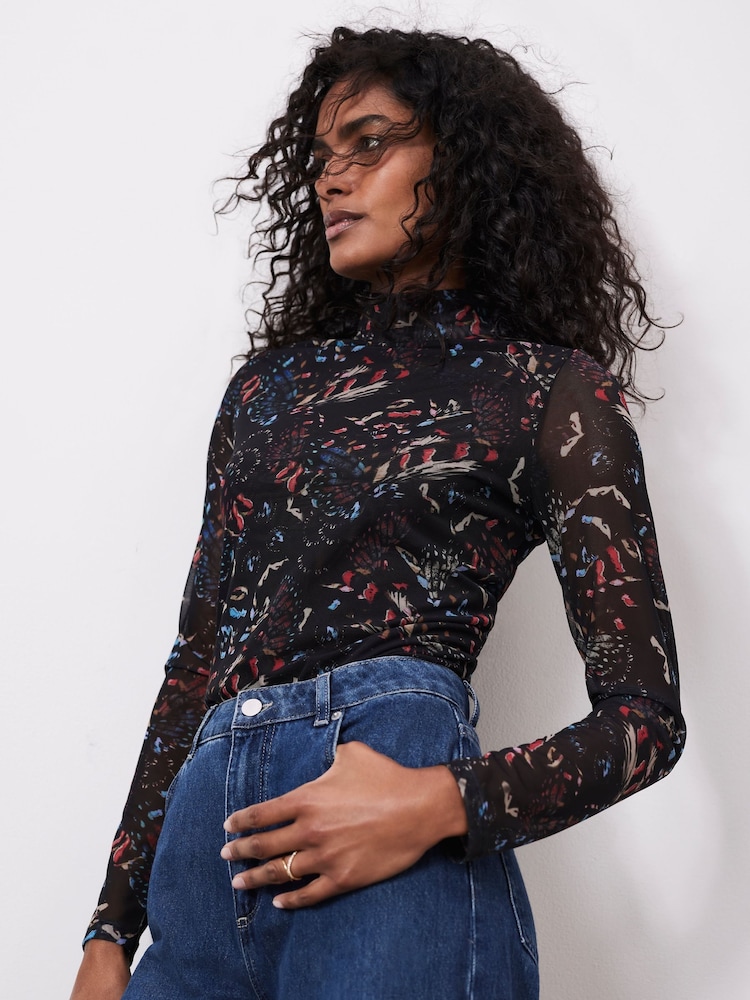 Mint Velvet Black Floral Print Mesh Top - Image 2 of 7 Mint Velvet Black Floral Print Mesh Top - Image 2 of 7