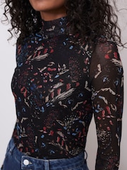 Mint Velvet Black Floral Print Mesh Top - Image 4 of 7