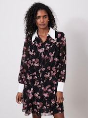 Mint Velvet Black Floral Print Mini Shirt Dress - Image 1 of 7