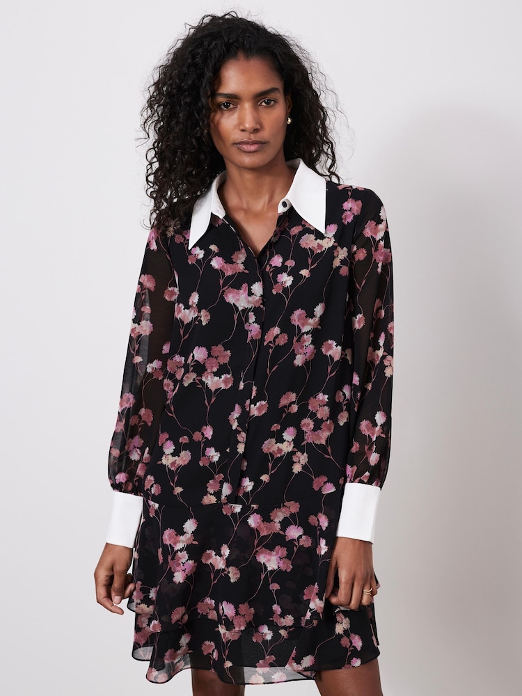 Mint Velvet Black Floral Print Mini Shirt Dress - Image 1 of 7