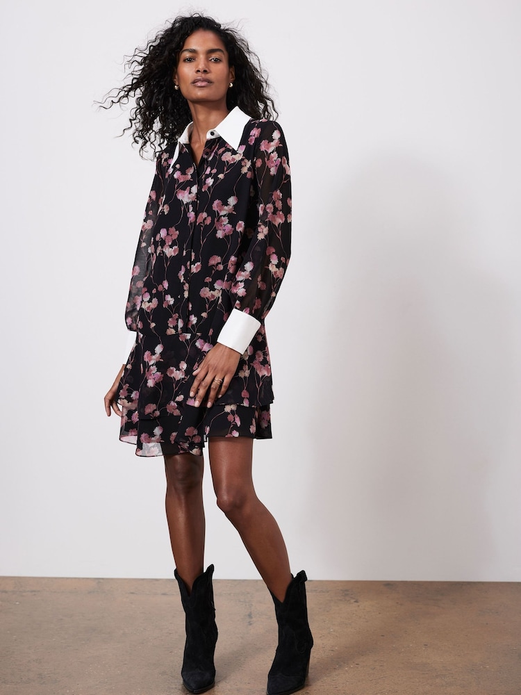 Mint Velvet Black Floral Print Mini Shirt Dress - Image 2 of 7 Mint Velvet Black Floral Print Mini Shirt Dress - Image 2 of 7