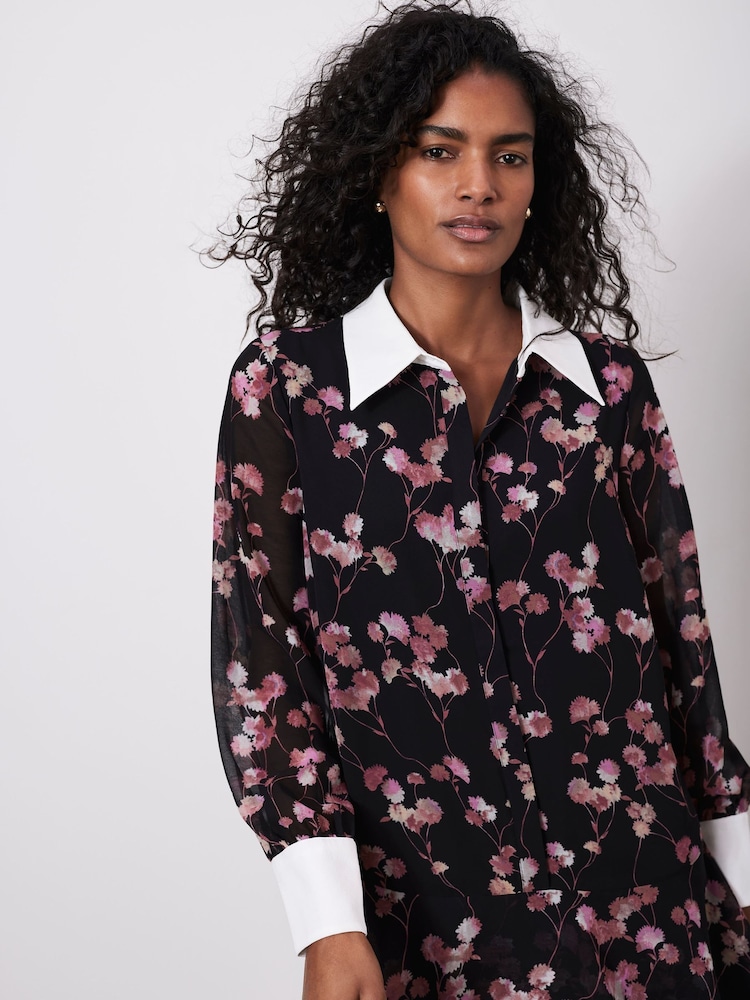 Mint Velvet Black Floral Print Mini Shirt Dress - Image 3 of 7