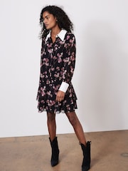Mint Velvet Black Floral Print Mini Shirt Dress - Image 5 of 7