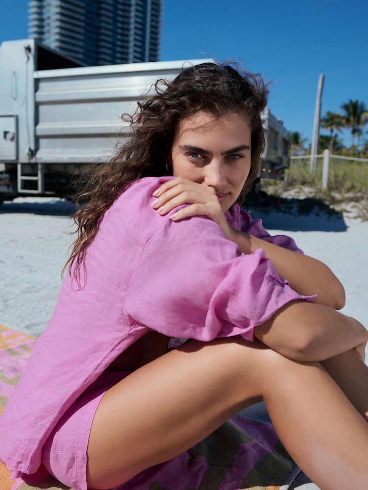 Pink 100% Linen Beach Shirt - Image 8 of 8