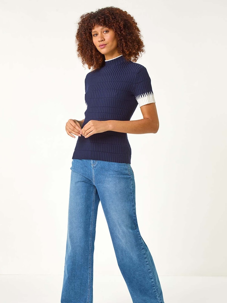 Roman Blue Ribbed Contrast Knit T-Shirt - Image 2 of 5