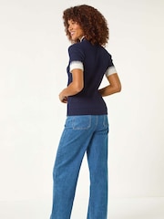 Roman Blue Ribbed Contrast Knit T-Shirt - Image 3 of 5