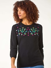 Roman Black Floral Embroidered Jumper - Image 4 of 5