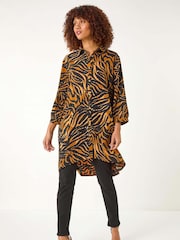 Roman Brown Animal Print V-Neck Longline Blouse - Image 1 of 5